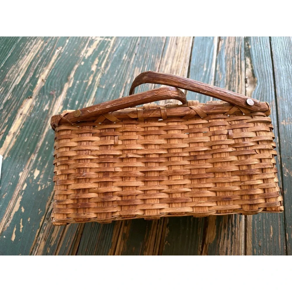 Hand Woven Splint Wood Basket Rectangular Picnic Garden Dual Swing Handle Vtg